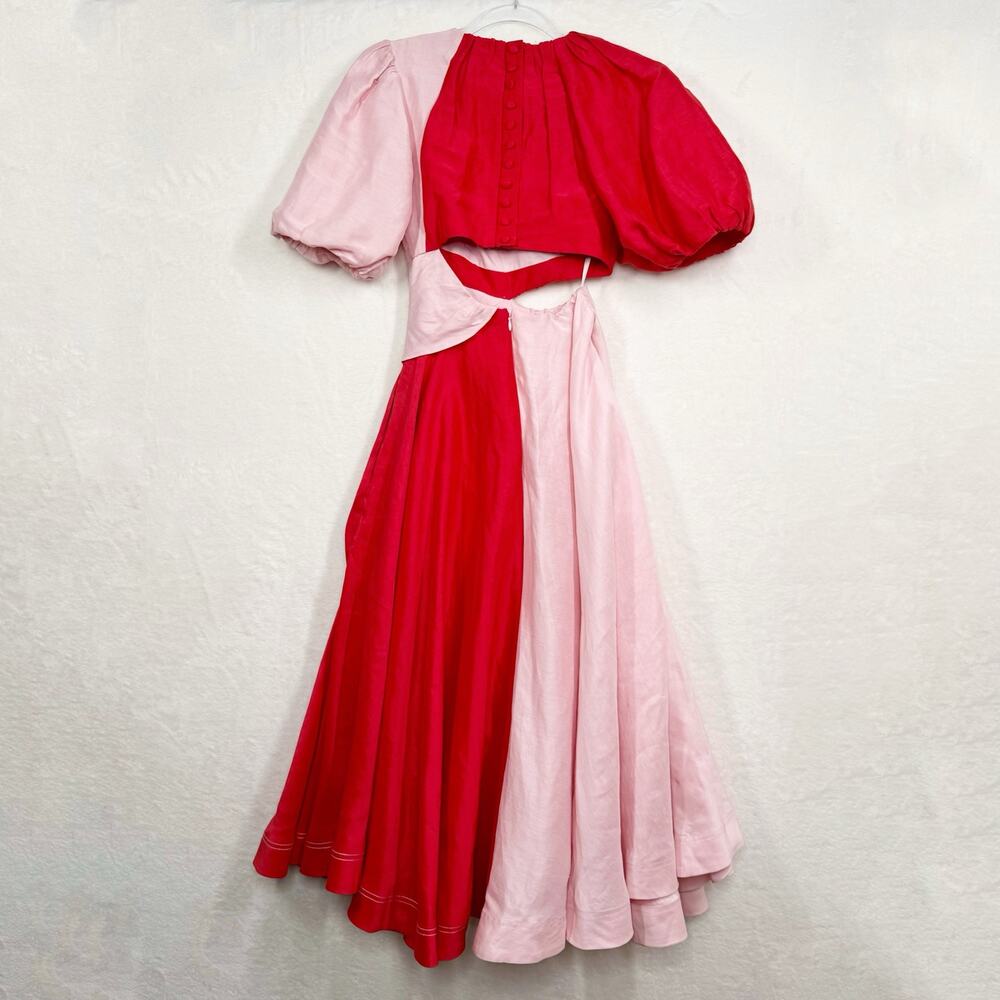 Aje Impermanence Entwined Midi Dress Pink Red Silk Puff Sleeve Party Size XXS - Picture 6 of 16